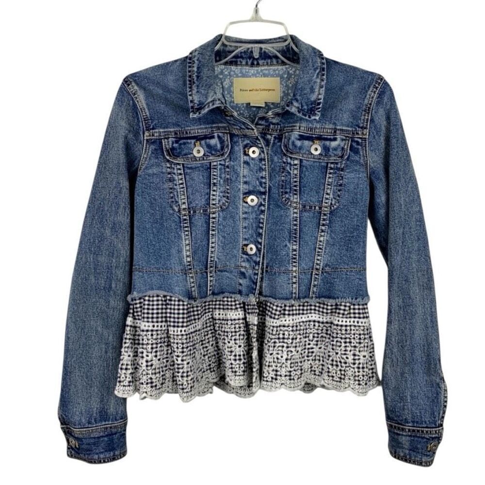 Pilcro Eyelet Ruffle Denim Jacket Size Small Long Sleeve Blue Jean Medium Wash